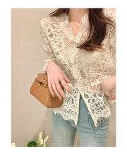 Women's Clothing 2024 Spring Autumn Sexy Hollow Out Lace Chic Vintage T-shirts Female Casual Solid V Neck Slim Long Sleeve Tops