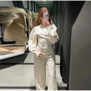 Women's Suit 2025 Spring New Women's Clothing Fashion Long Sleeve O-neck Pleated Top Double-Sided Fabric Office Top Casual Pants