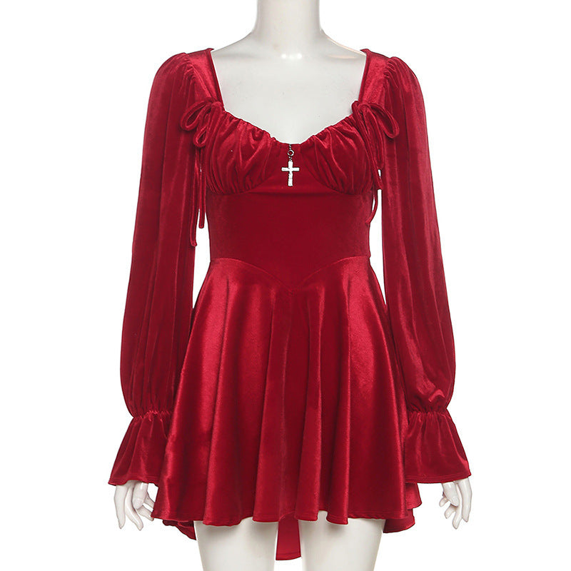 Women's New Fashion Sexy Retro Square Neck Long Sleeve Waist Slim Dress