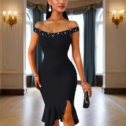 Women's Solid Color Beaded Off-Shoulder Bodycon Dress - Ruffle Hem & Slit Tight Midi Dress For Summer Parties
