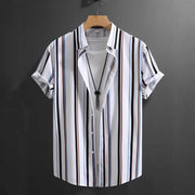 Summer Men's Fashion Trend Stripes Short Sleeve Stand Collar Shirt