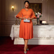 Lace Hollow Pattern Puff Sleeve V-neck Slimming A Swing Elegant Pleated Dress