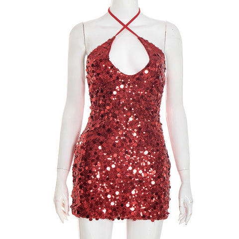 Elegant Slim-fit Sequined Sleeveless Strap Halter Short Dress