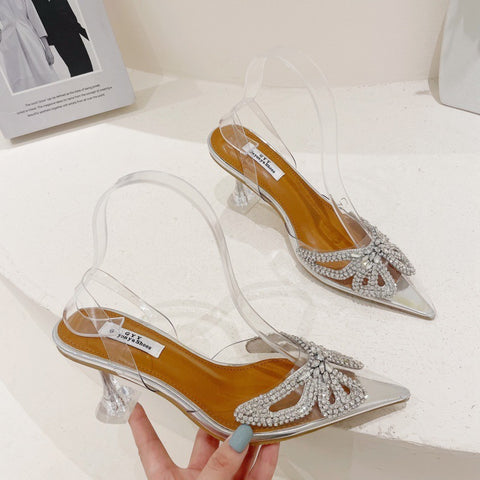 Pointed Toe Toe Cap Transparent Rhinestone Bow Crystal Women&