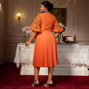 Lace Hollow Pattern Puff Sleeve V-neck Slimming A Swing Elegant Pleated Dress