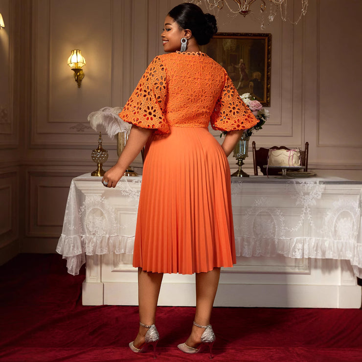 Lace Hollow Pattern Puff Sleeve V-neck Slimming A Swing Elegant Pleated Dress