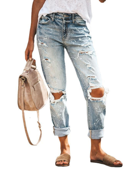 Autumn Street Hipster Trousers Ripped Washed Straight-leg Pants Women&