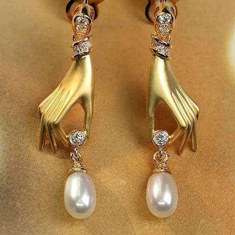 Micro Inlaid Zircon Palm Pearl Eardrops Earrings