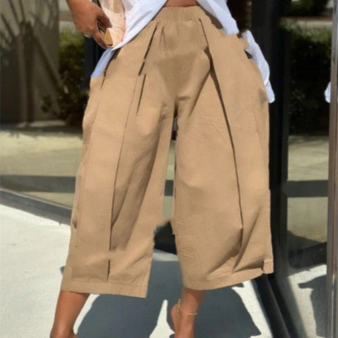 Cross-border European And American Amazon Foreign Trade New Solid Color Loose Comfort And Casual Elastic Waistband Slimming Cropped Wide-leg Pants For Women