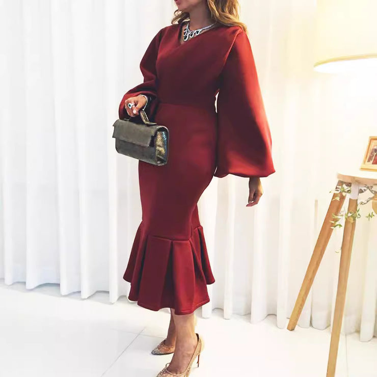 European And American Fashion Plus Size V-neck Long-sleeve Dress
