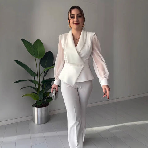 V-neck Stylish Temperament Long Sleeves Solid Color Suit Two-piece Set