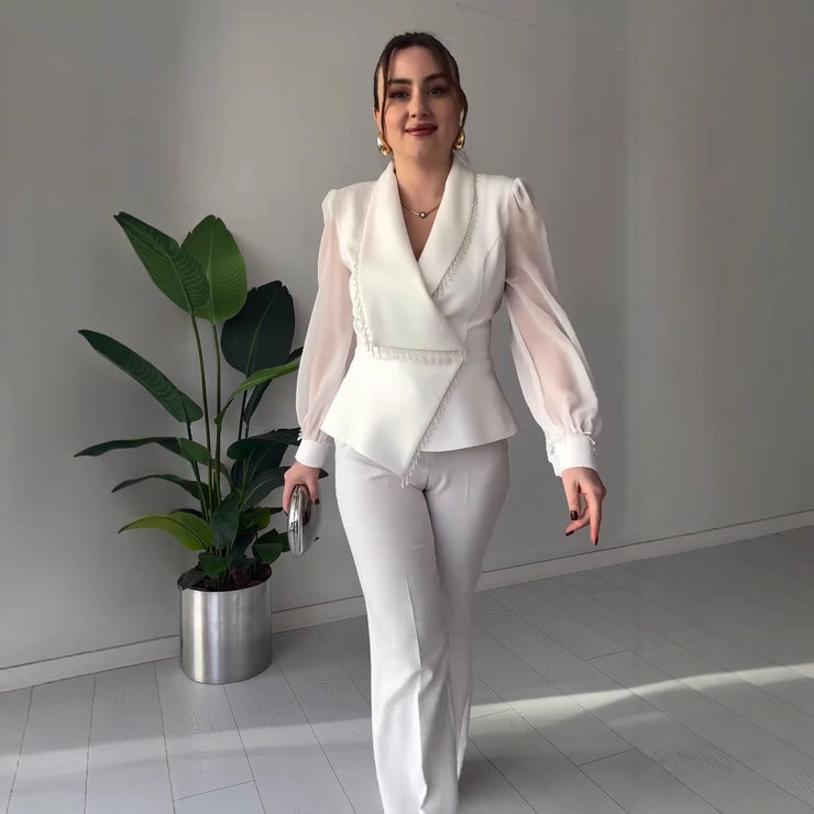 V-neck Stylish Temperament Long Sleeves Solid Color Suit Two-piece Set