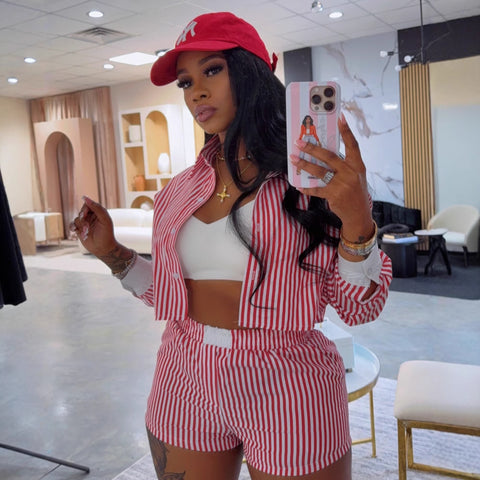 Striped Lapel Shirt And Shorts Two-piece Set