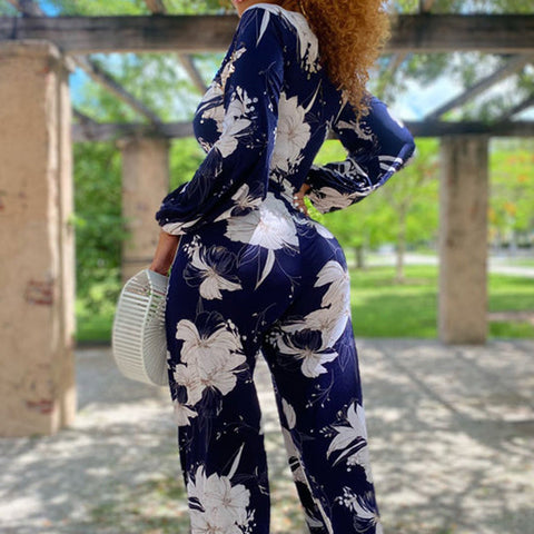Fashion V-neck Long Sleeve Loose Wide Leg Printed Jumpsuit