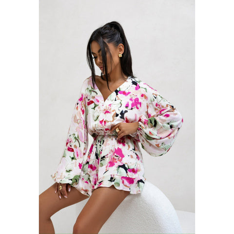 Printed V-neck Long Sleeve Jumpsuit