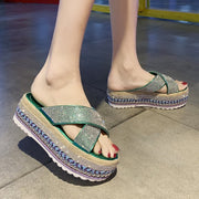 Cross Rhinestone Woven Waterproof Platform Toe Women's Slippers