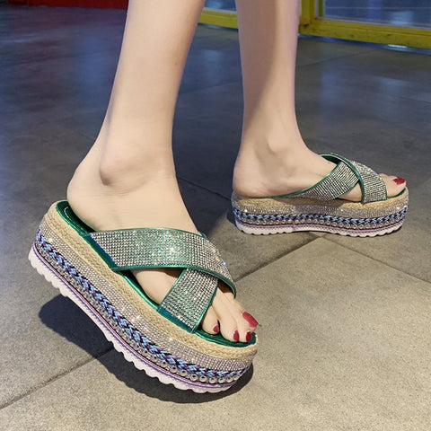 Cross Rhinestone Woven Waterproof Platform Toe Women&