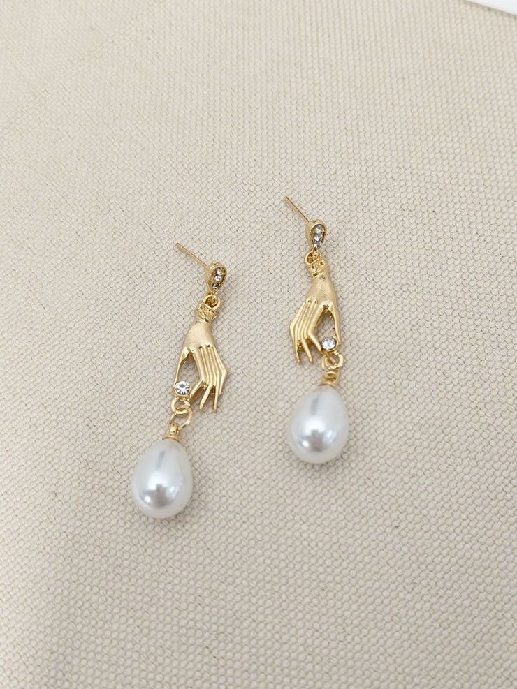 Micro Inlaid Zircon Palm Pearl Eardrops Earrings