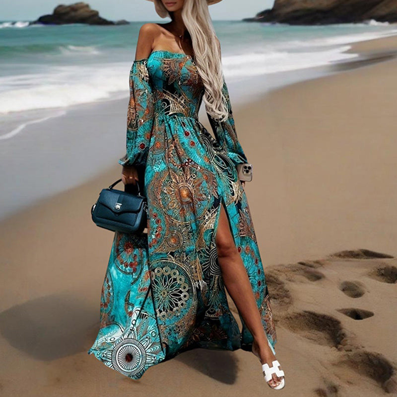Women's Strapless Off-Shoulder Long Sleeve A-Line Dress - Bohemian Beach Maxi Dress With High Slit For Summer Vacation