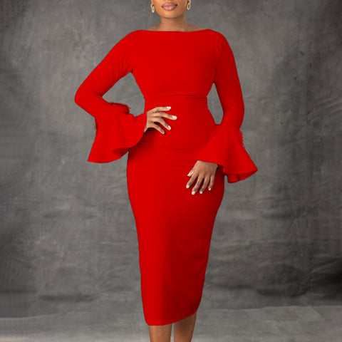 Fashion Solid Color Sheath Bell Sleeve OL African Dress