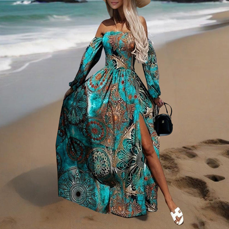 Women's Strapless Off-Shoulder Long Sleeve A-Line Dress - Bohemian Beach Maxi Dress With High Slit For Summer Vacation