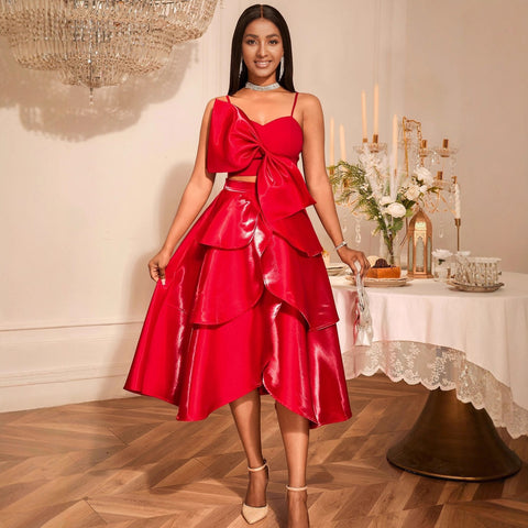 Bow Sexy Camisole Irregular Skirt Suit