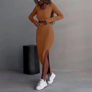 Solid Color Knitted Long-sleeve Suit Half-length Slit Sheath Skirt Two Pieces