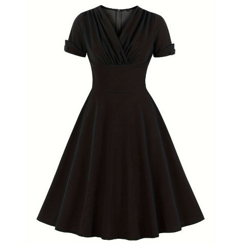 Retro temperament pleated waist big swing dress