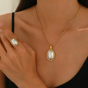 Lxalry Golden Jewelry Set - Elegant Necklace & Ring Combo With Oval Design, Metal Polished Finish, Perfect For Both Day & Night Occasions