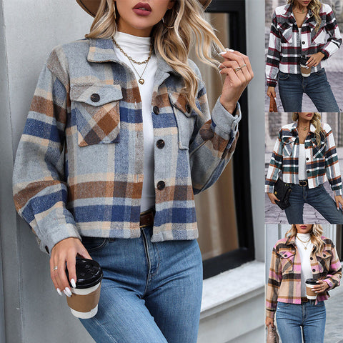 Autumn And Winter New Fashion Casual Pocket Plaid Women&
