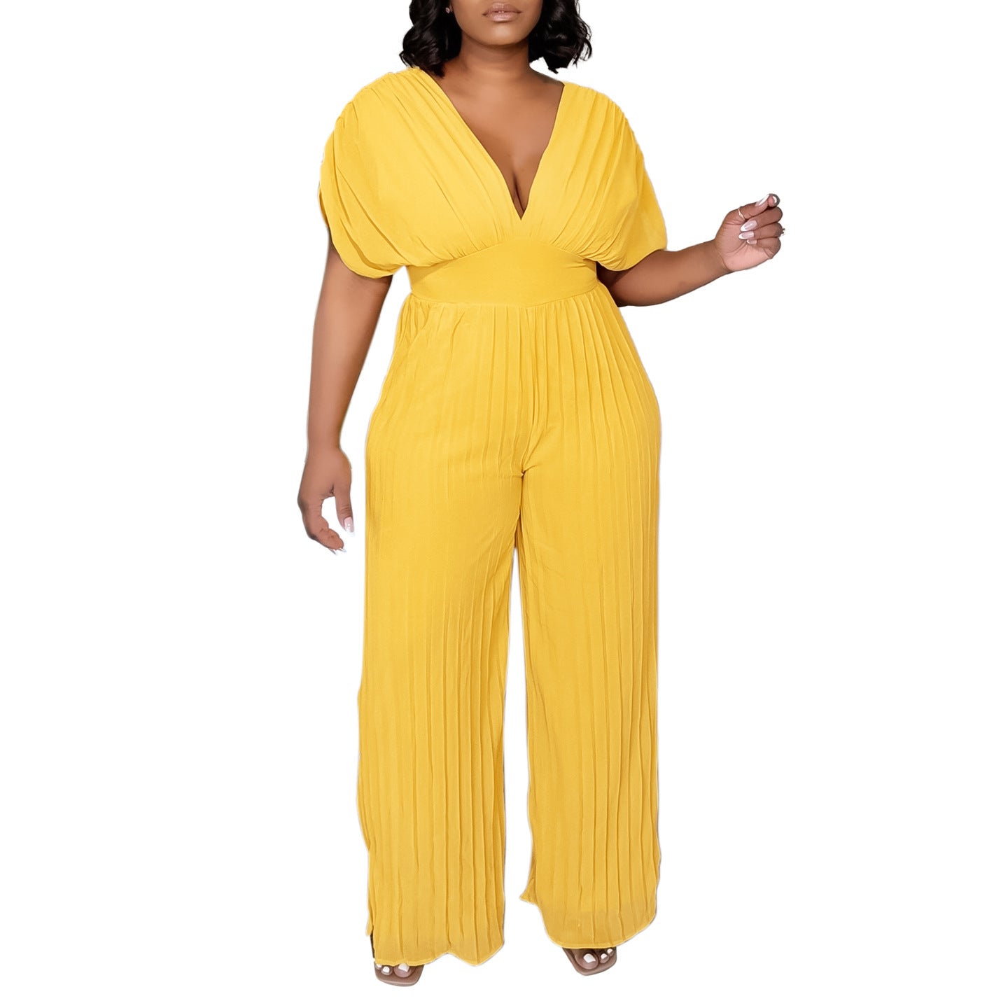 Women's V-neck Solid Color Pleated Jumpsuit