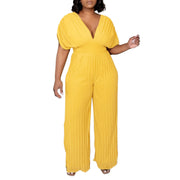 Women's V-neck Solid Color Pleated Jumpsuit