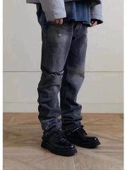 Men's Fashion Casual Retro Knife Cut Destroyed Washed Distressed Straight Textured Jeans