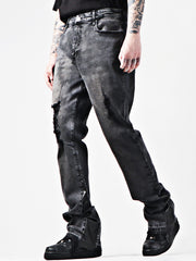 American Street Hiphop Leather Patchwork Popular Youth Vintage Jeans