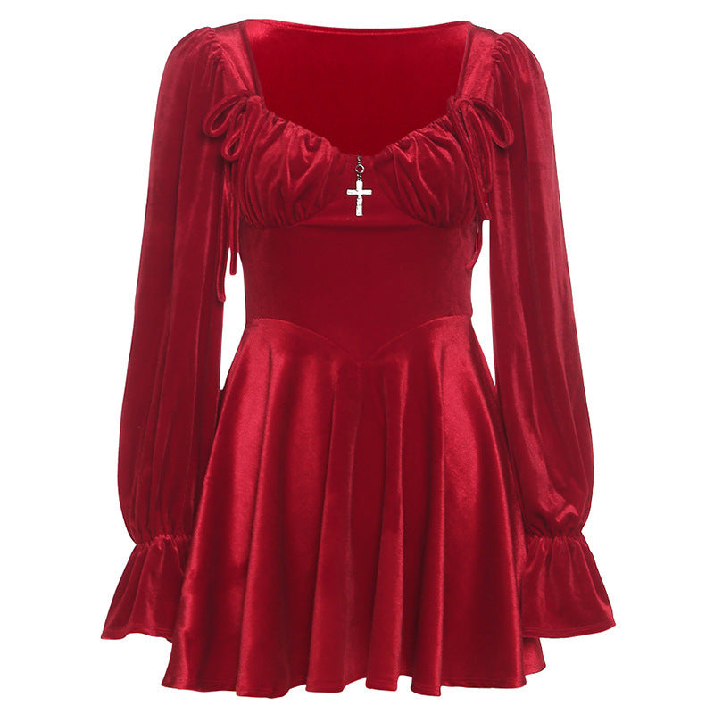 Women's New Fashion Sexy Retro Square Neck Long Sleeve Waist Slim Dress