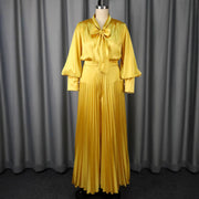 Sexy V-neck Bow Long Sleeve Top Elegant Pleated Wide Leg Trousers Suit