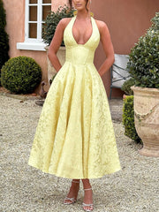 Elegant V-Neck Halter Floral Jacquard Evening Dress - Backless Sleeveless A-Line Gown With Waist Accent For Women
