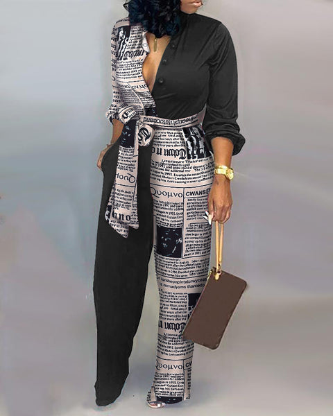 Pocket wide leg pants camouflage jumpsuit