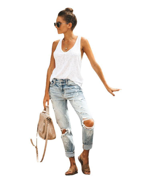 Autumn Street Hipster Trousers Ripped Washed Straight-leg Pants Women&