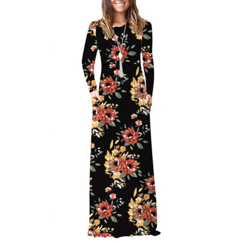 Pocket Dress Round Neck Waist Long Skirt
