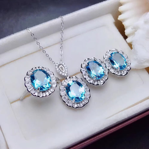 Colored Gems Rings Ear Studs Pendant Natural Topaz Set