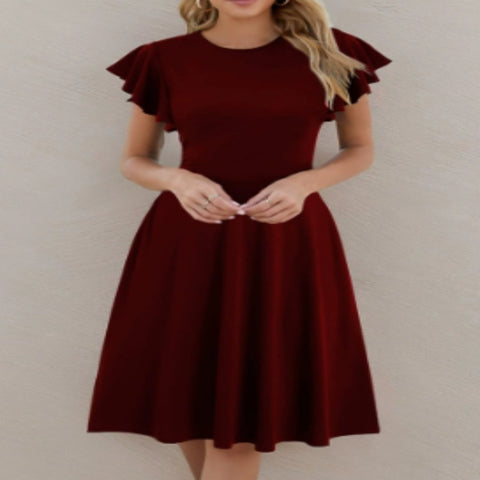 Short Sleeve Round Neck Elegant Ruffle Sleeve Solid Color Casual Mid-length Dress