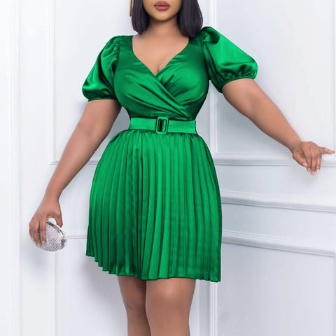 Summer V-neck Cinched Pleated European And American Style Dress