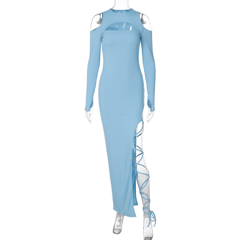 Women's Solid Color Long Sleeve Hollow-out Leggings Split Dress