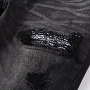New High Street Washed Broken Cashew Flower Slim Casual Men's Jeans