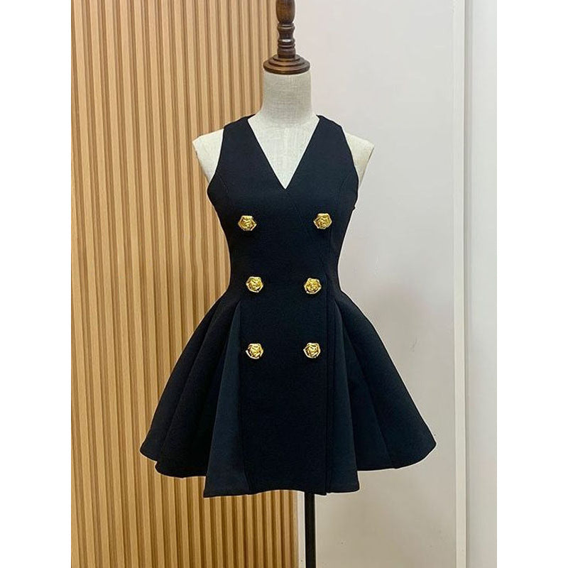 Women's V-neck Tight Waist A- Line Pleated Short Skirt