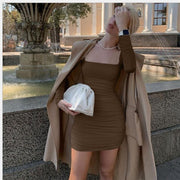 Pure color basic slim slimming pleated hip dress
