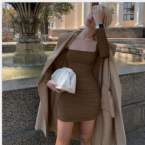 Pure color basic slim slimming pleated hip dress