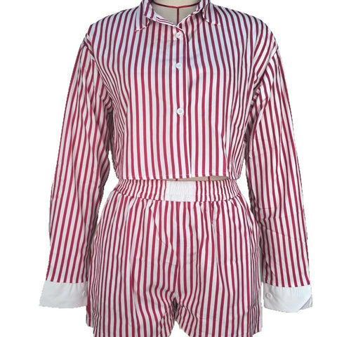 Striped Lapel Shirt And Shorts Two-piece Set