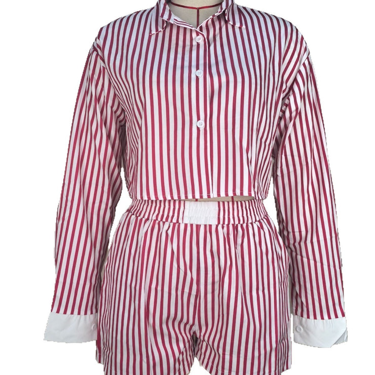 Striped Lapel Shirt And Shorts Two-piece Set